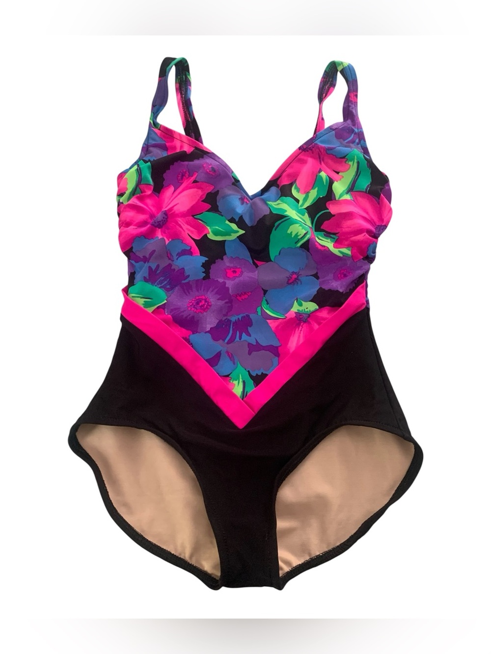 The Slimsuit Vintage Floral One Piece Swimsuit Size 12 Black Pink